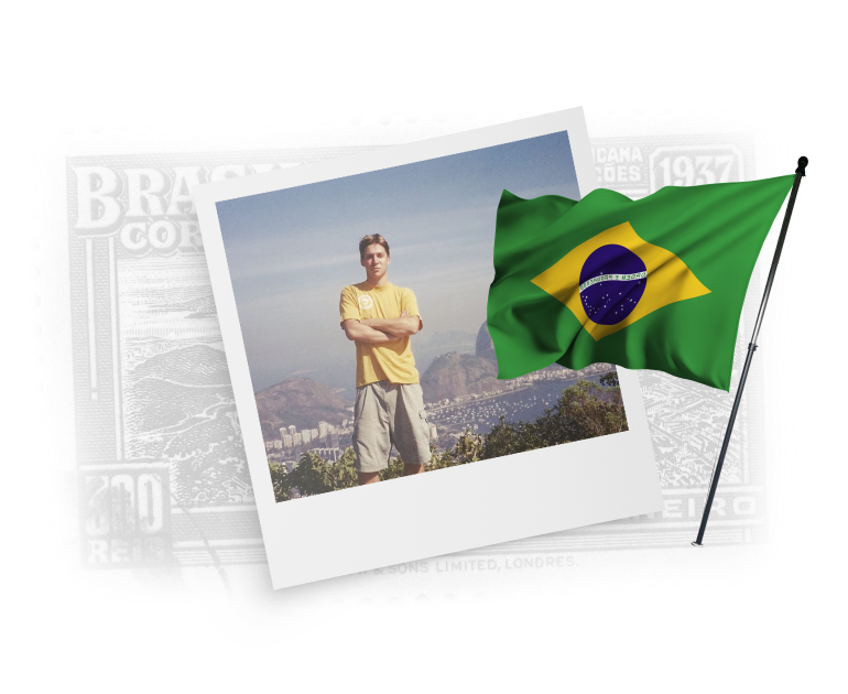 Mike Kurtz in Brazil with Brazilian flag imagery